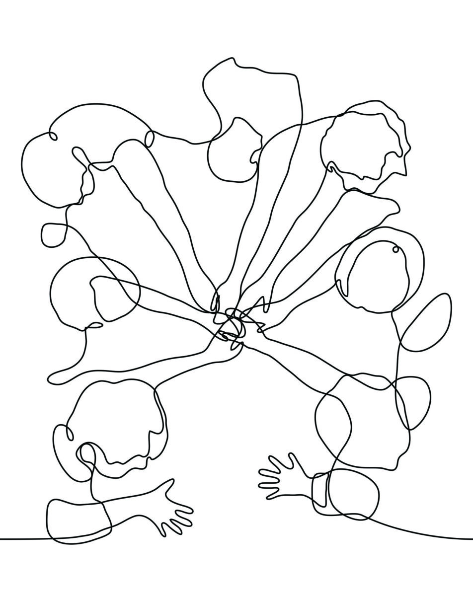 desenho de linha de 7 pessoas em um círculo com as mãos estendidas para dentro, uma em direção à outra