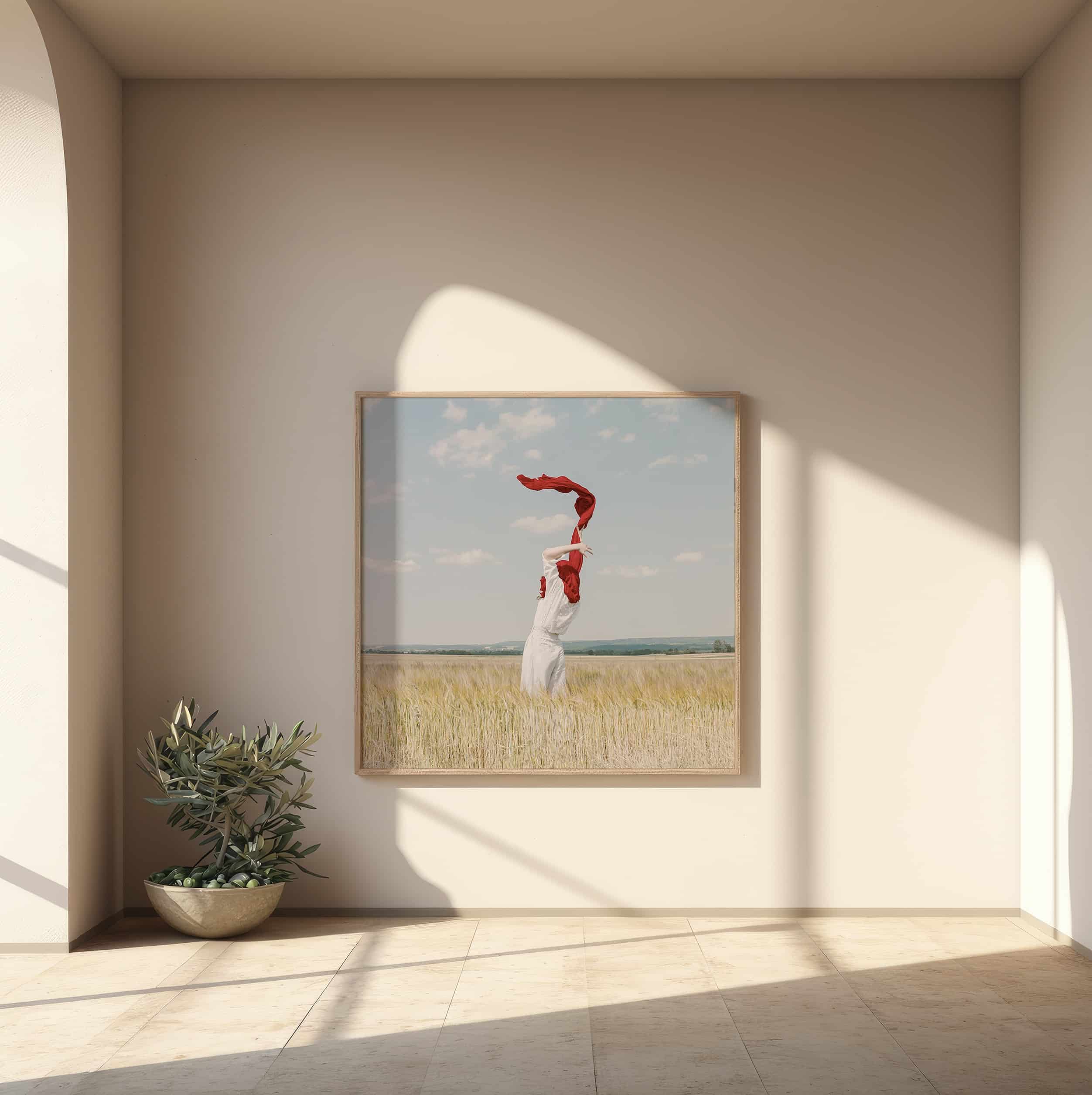 Emilie Mori framed print of woman in field hanging in sunlit beige room