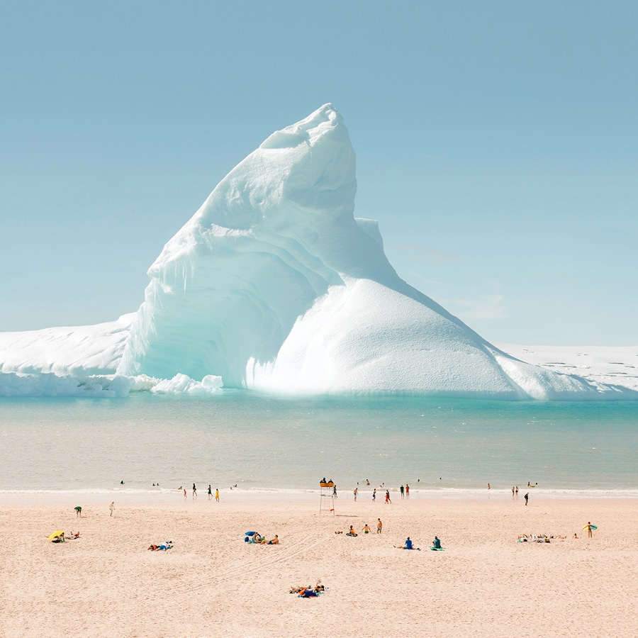 composite image of glacier floating in the ocean by a beach with people, titled "global warming" by Émilie Möri