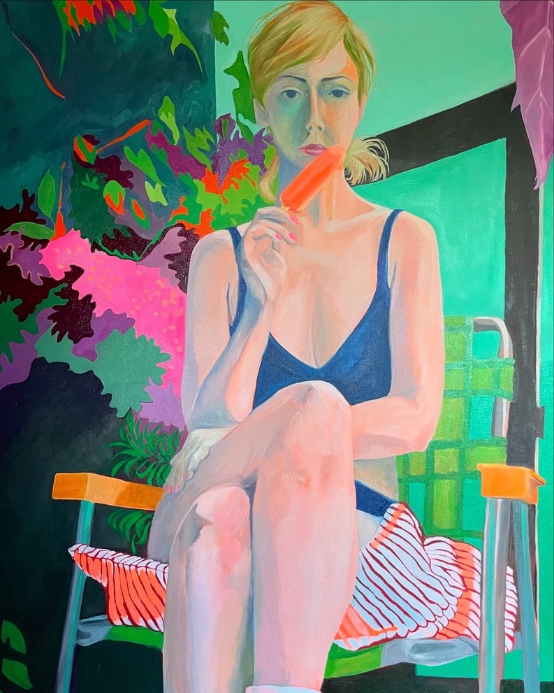 Erica Beyea's colorful oil painting portrait of a blond woman holding a popsicle, titled "Diamond Dancer"