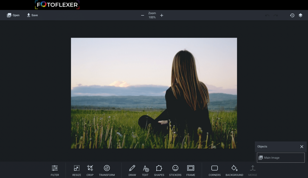 Retrato de uma mulher sentada em um campo, de costas para a câmera, na ferramenta de edição de fotos on-line FotoFlexer.