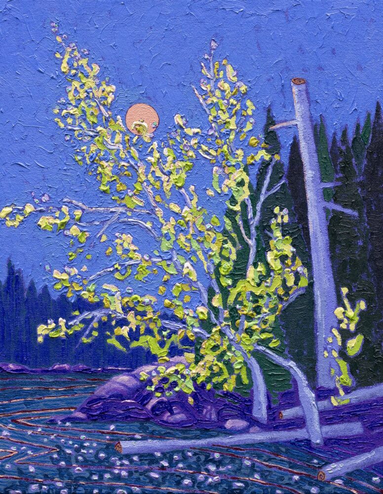 textured painting of cut and standing trees beside a river at night by Kyle Scheurmann titled Canoe Painting 10