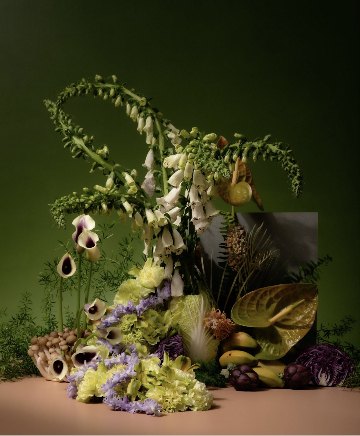 cabbages mushrooms and lettuces mixed into a floral arrangement. Photo by yasmin alishav