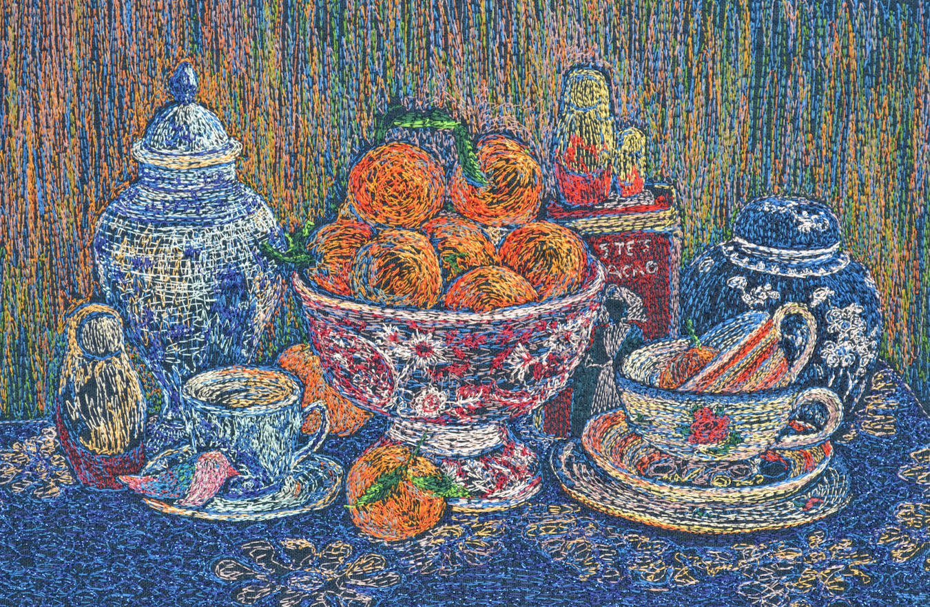 saskia Clemantine still life embrodery linen navy clementines 2024