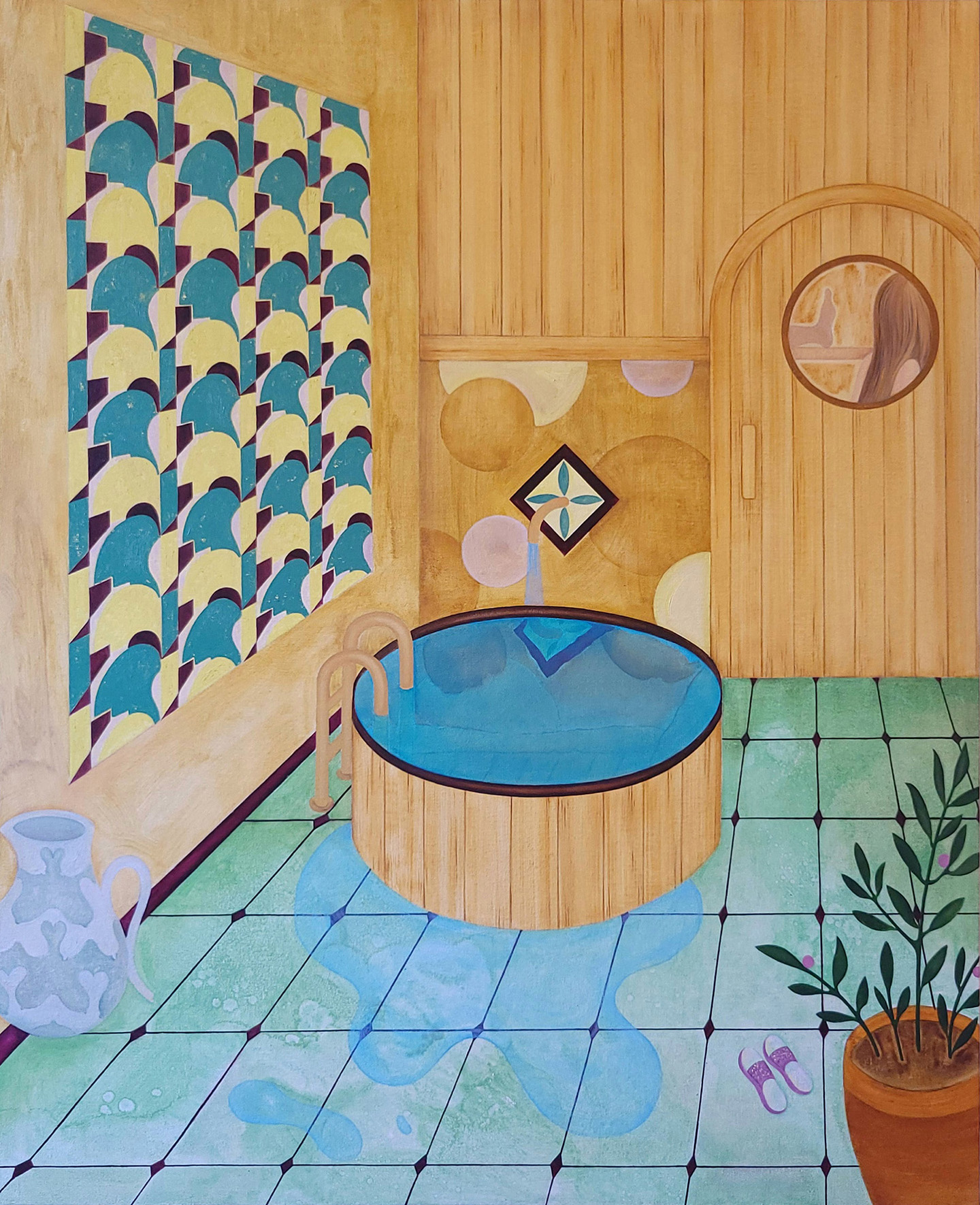 painting of a room with a round tub. title: Walker Friendship Ritual (Sisterhood) by Georgina Walker