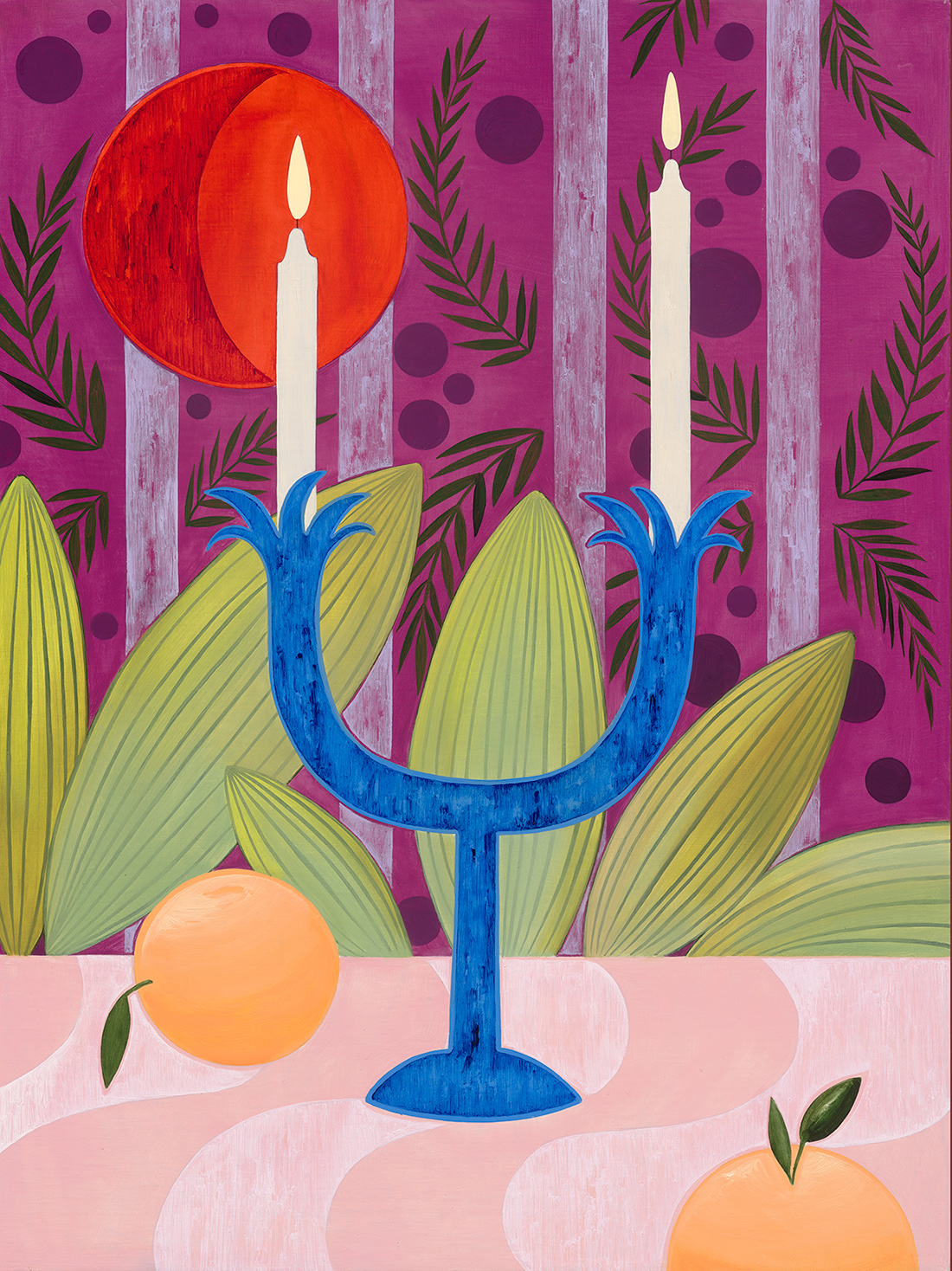 Walker After Christmas. Painting of a tabletop with an orange and a blue candle holder by Georgina Walker