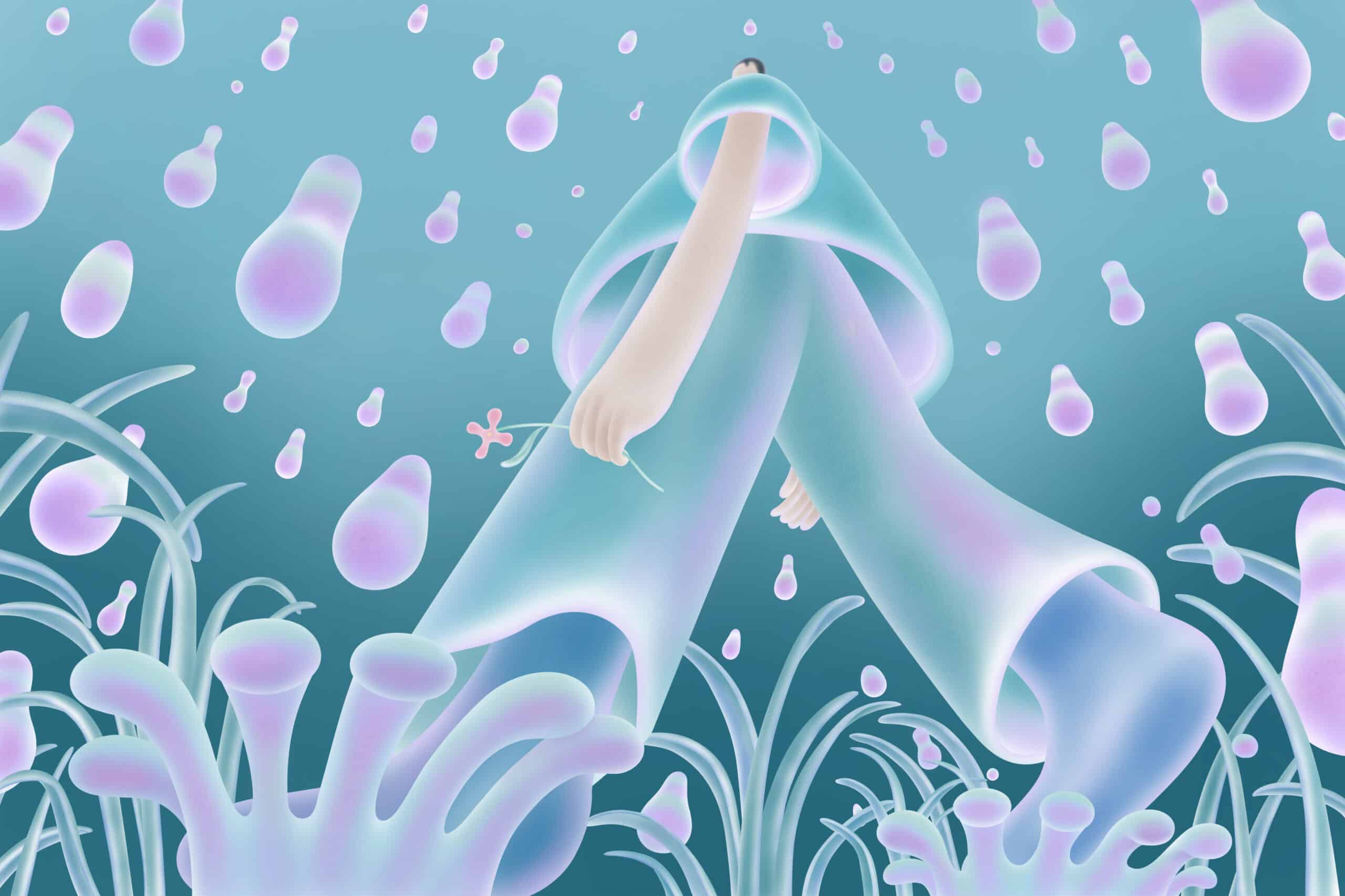 illustration from the perspective of a person on the ground looking up at a person holding a flower and walking through the rain. by the winner of the EDITORIAL illustration category, HOI CHAN