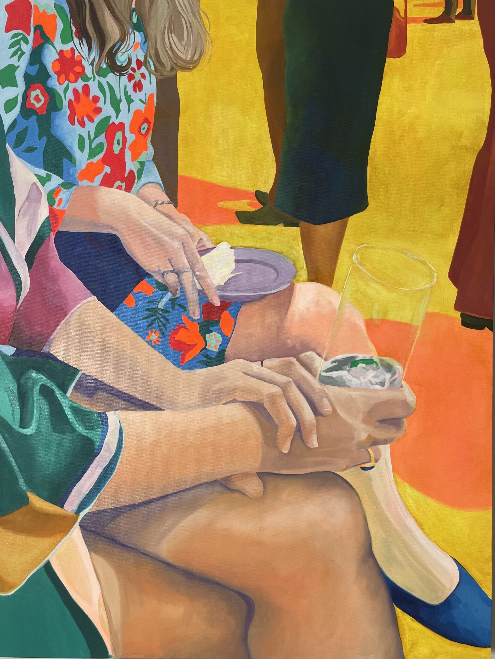 Erica Beyea's warm and colorful painting of the knees and hands of two women sitting and holding a plate and glass, titled "How we told it"