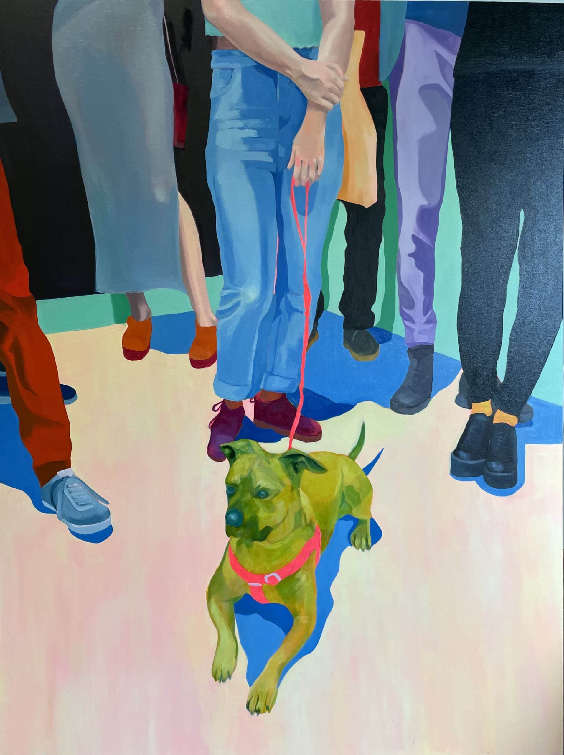 Erica Beyea's painting of a greenish dog on a red leash sitting on the floor with people behind him, titled "Luz de perro"