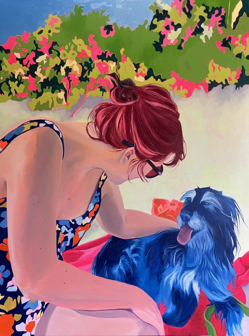 Erica Beyea's colorful portrait of a red-headed woman petting a bluish dog, titled "More than this"