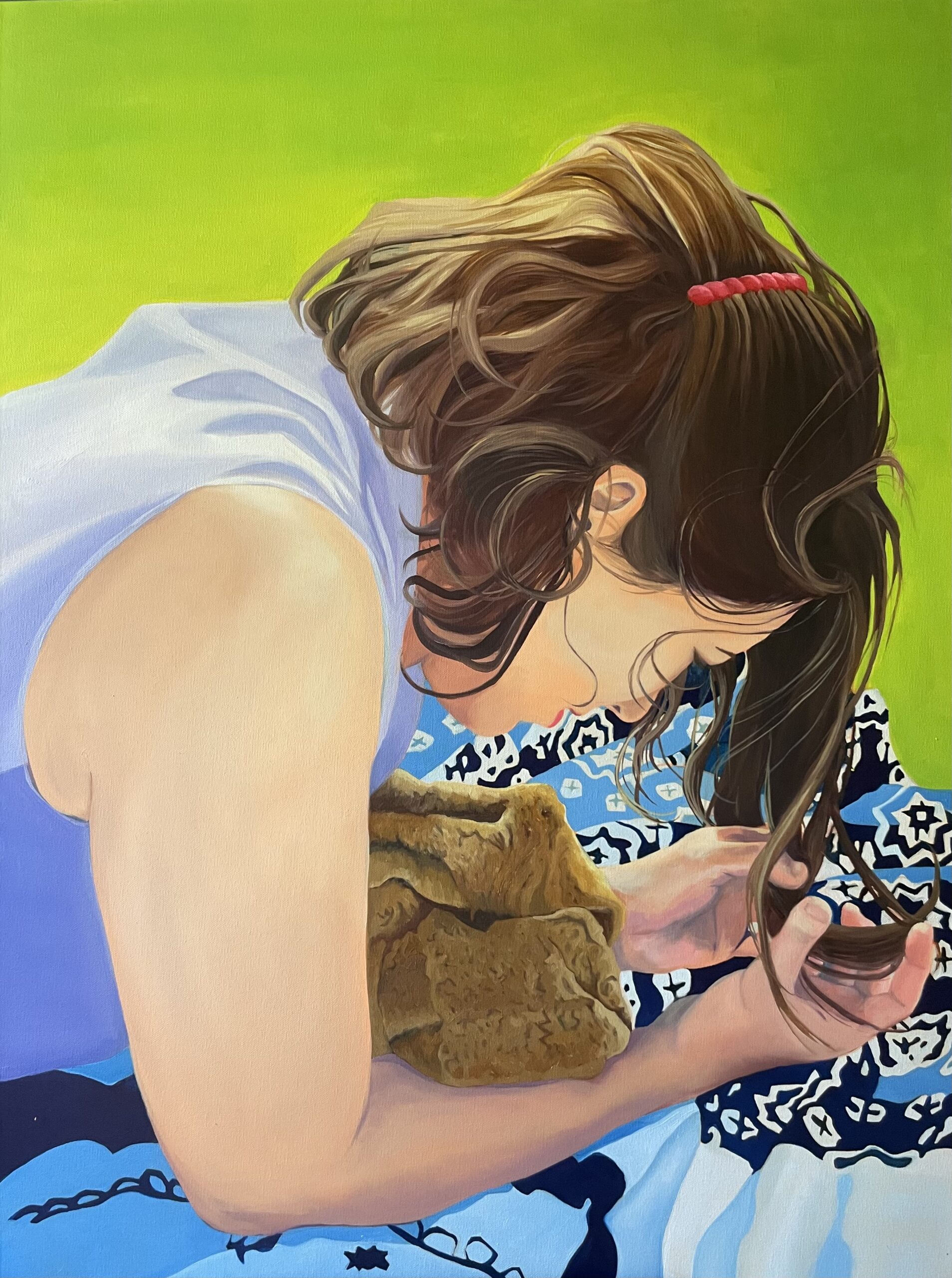 Erica Beyea's painting of a woman with brown hair sitting forward and touching her dangling strands of hair, titled "Quiet time in the park"