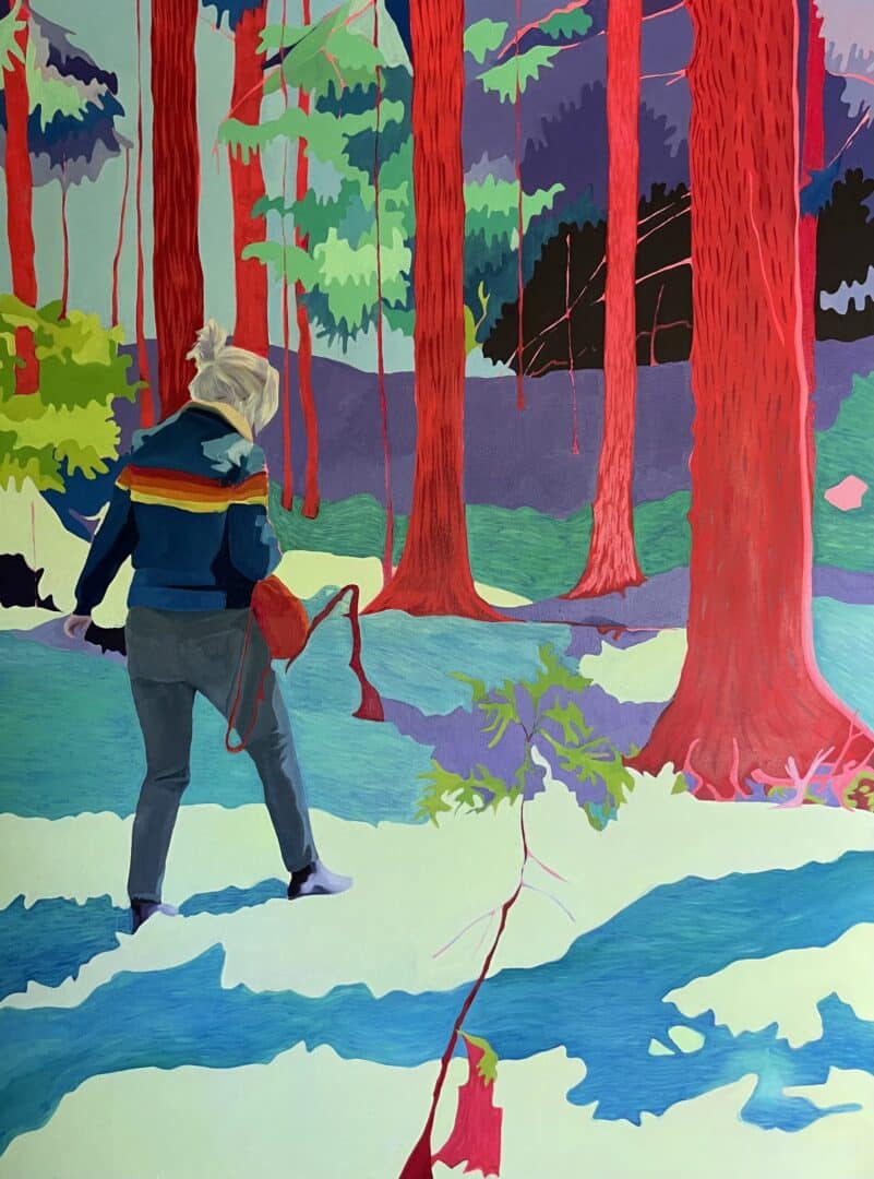 Erica Beyea's vibrant painting of a woman walking toward a forest of red-barked trees, titled "Sunlight"