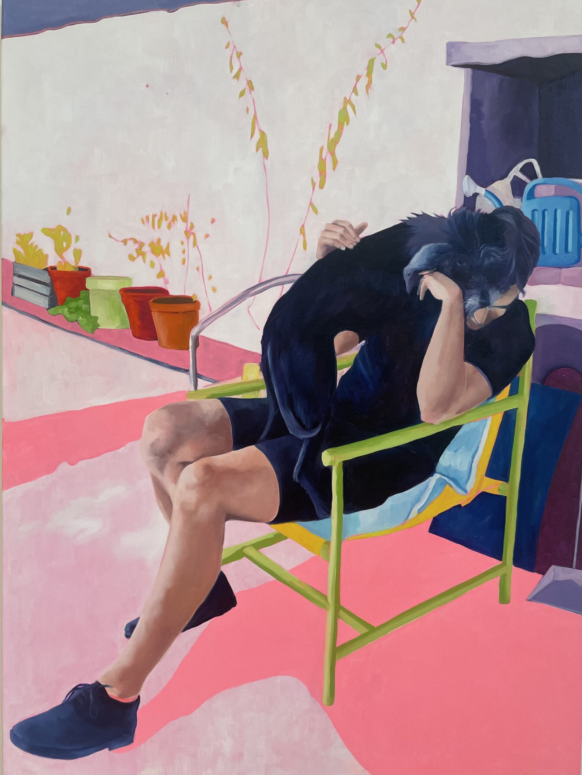 Peinture colorée d'Erica Beyea représentant une personne assise sur une chaise avec un chien noir sur les genoux, intitulée "Where will you go" (Où iras-tu ?).