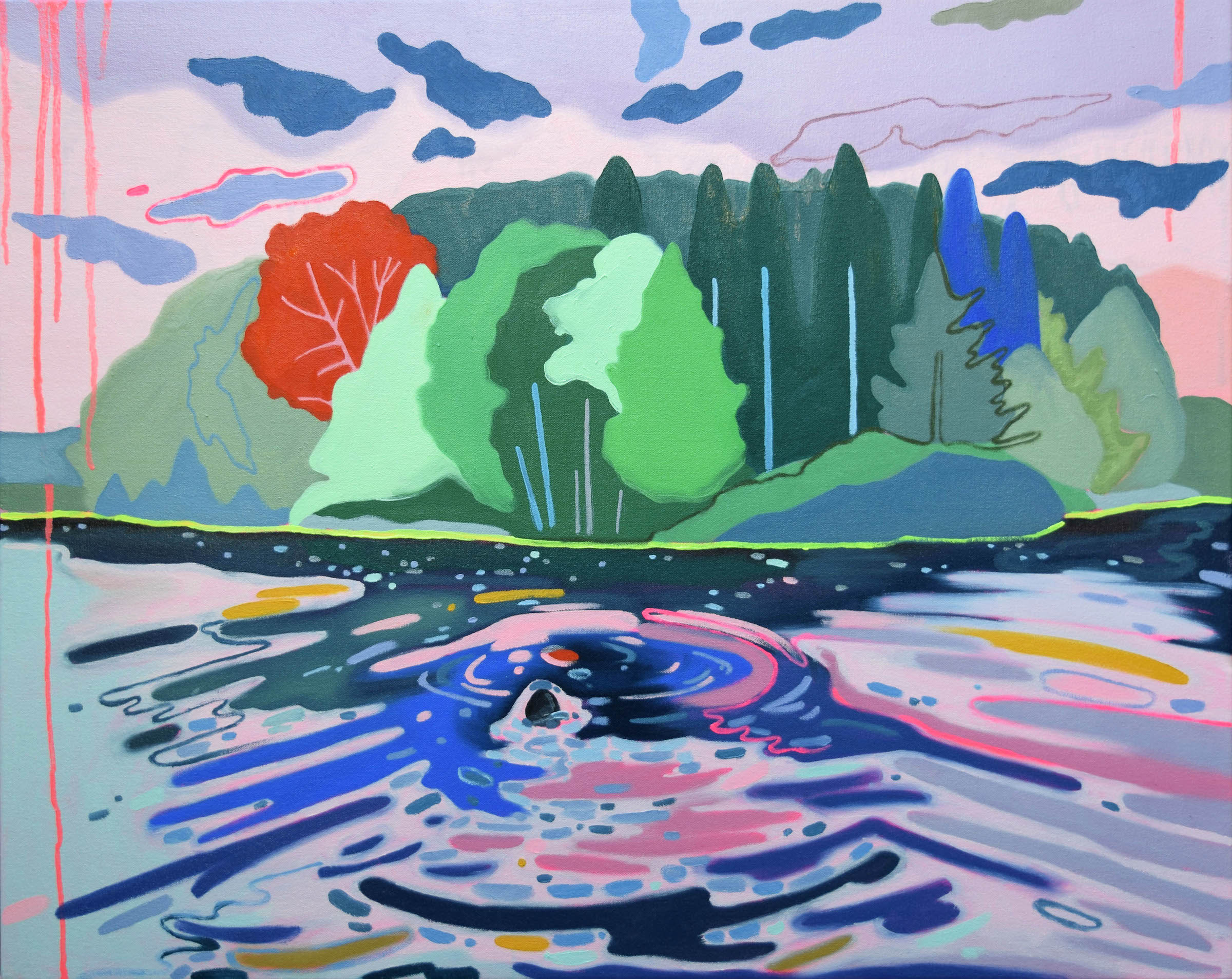 brightly colored painting of water and trees by Mel Gausden titled Bouquet of Lumber