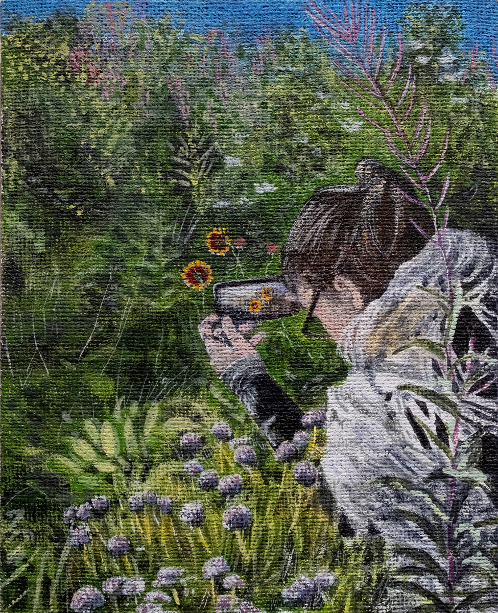 painting of woman taking picture of flowers with her phone from Nuit Blanche Montreal. Painting by jasmin bilodeau.