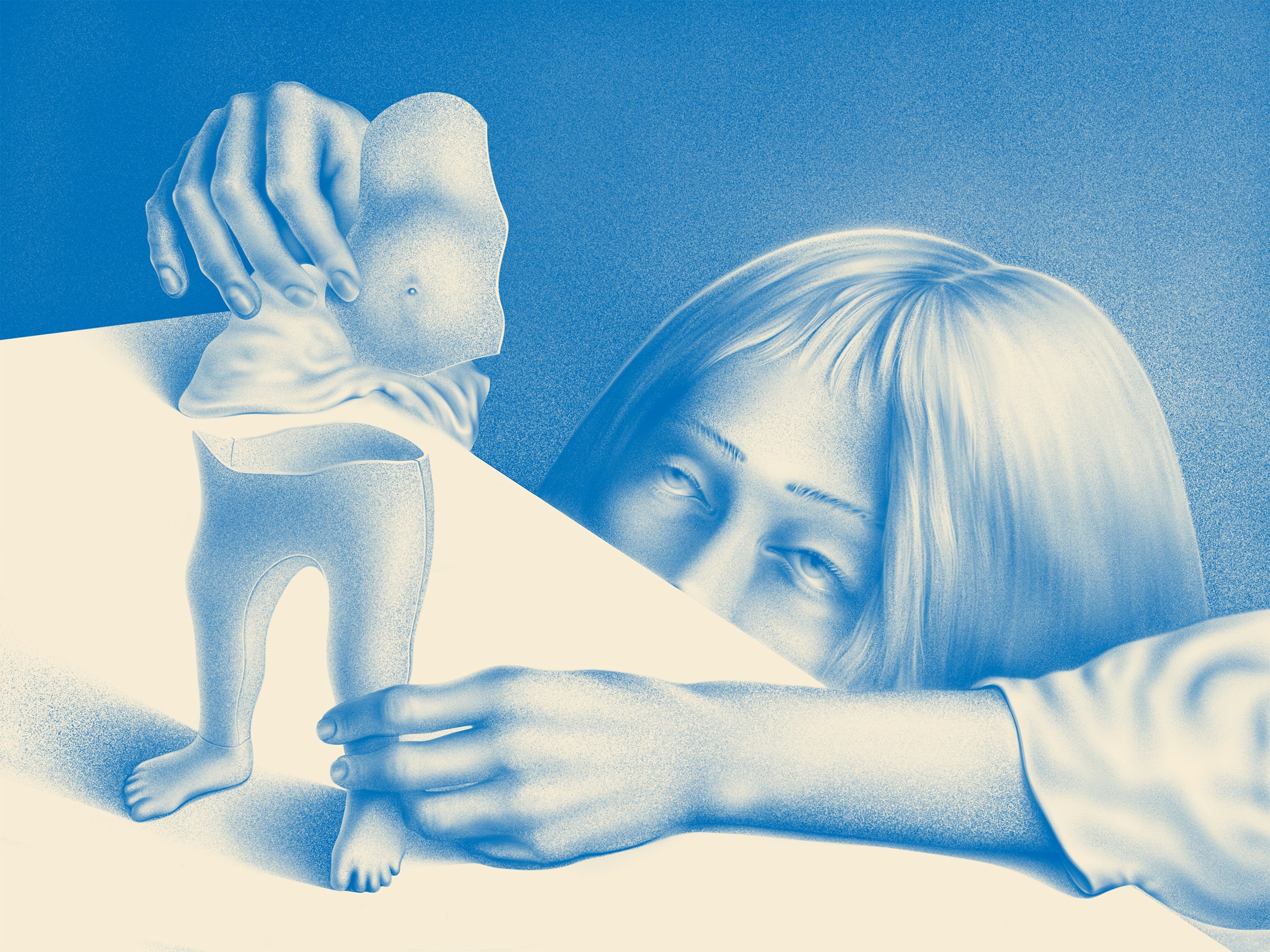 illustration of a person holding parts of a hollow doll body on a table. art by UGNE BECKER