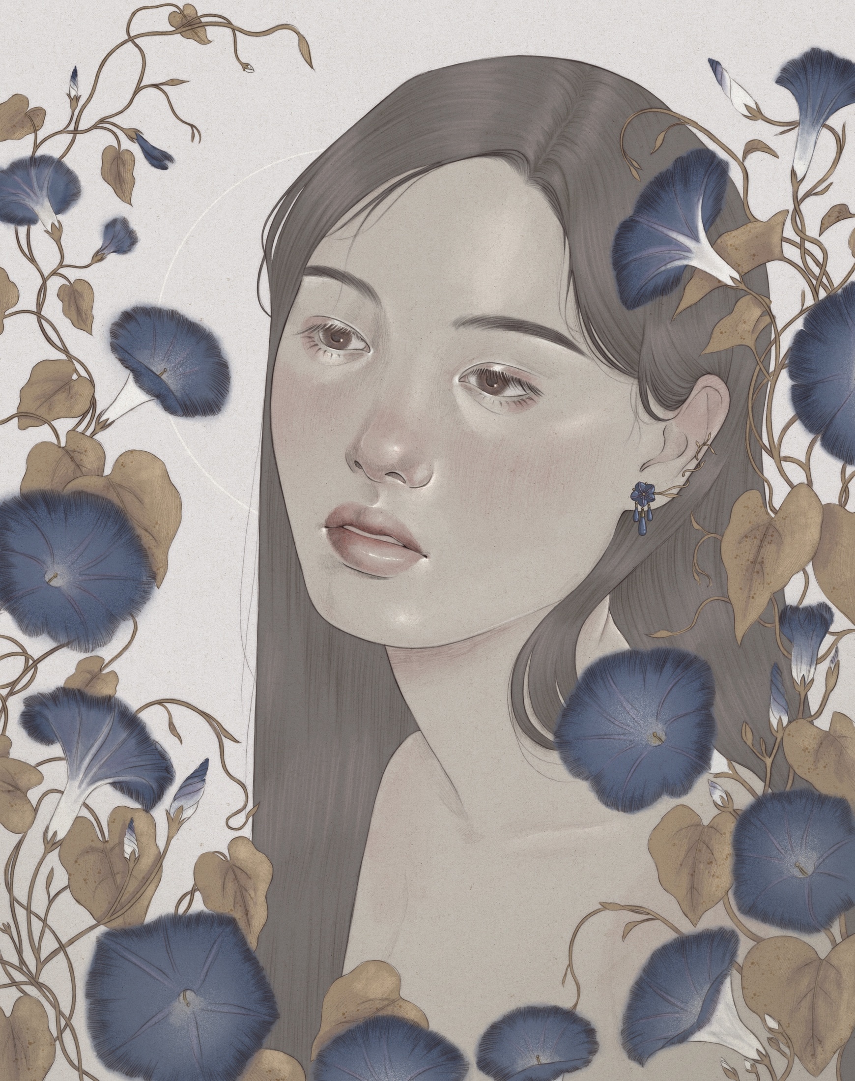 ilustração de uma jovem mulher olhando para flores azuis. pelo vencedor da categoria ESTUDANTE, JESS MARTINEZ