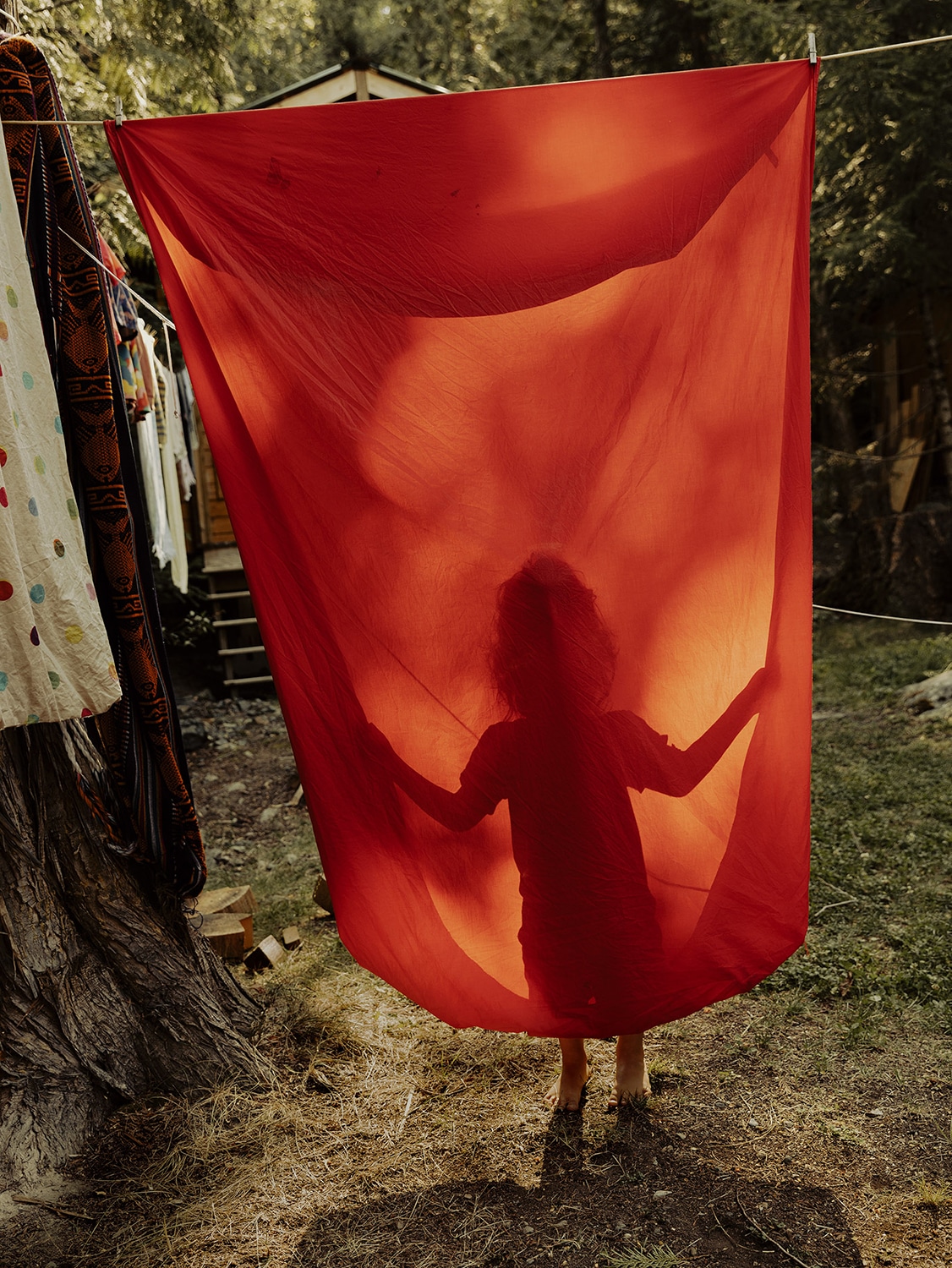 photo of a small child silhouetted behind a bold red fabric on a clothesline titled "Shadows" by grant harder