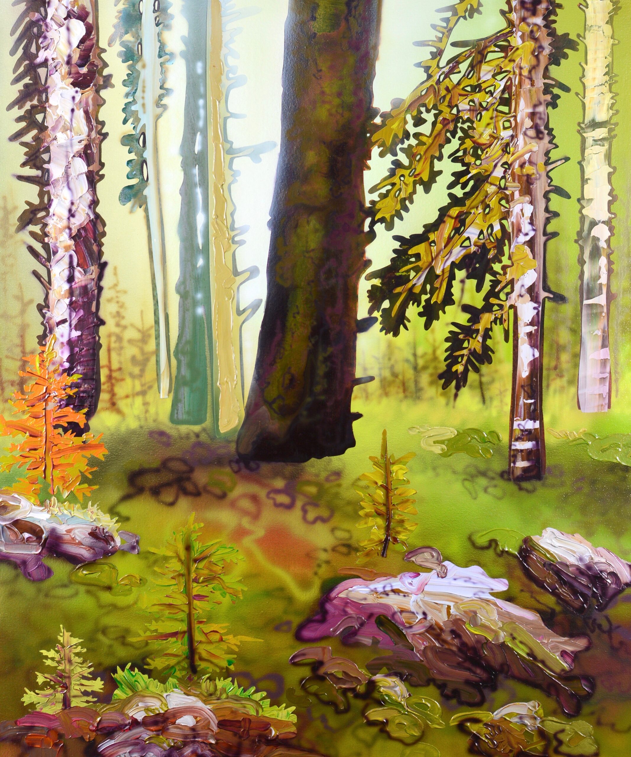 mixed media painting of trees by Sheila Kernan titled We are Here