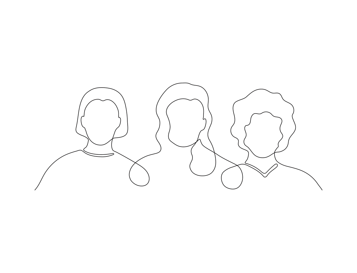 dessin au trait connecté de la tête et des épaules de 3 femmes