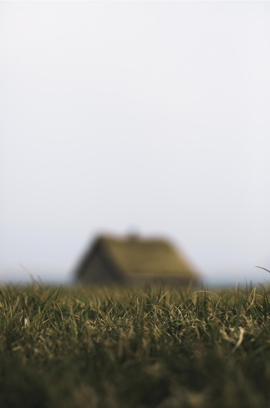 photograph of grass with the outline of a cottage roof in the distance on faroe islands in iceland by mayank thammalla