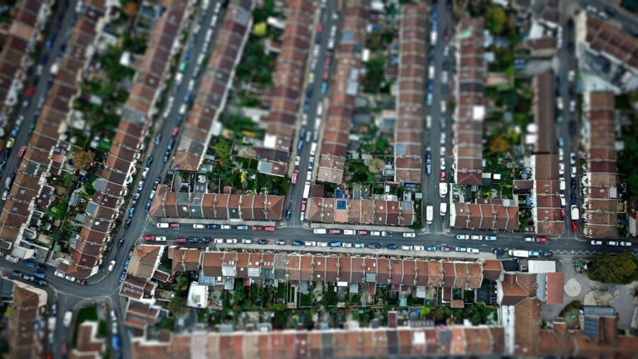 tilt sift shot taken above a housing estate in Bristol city.